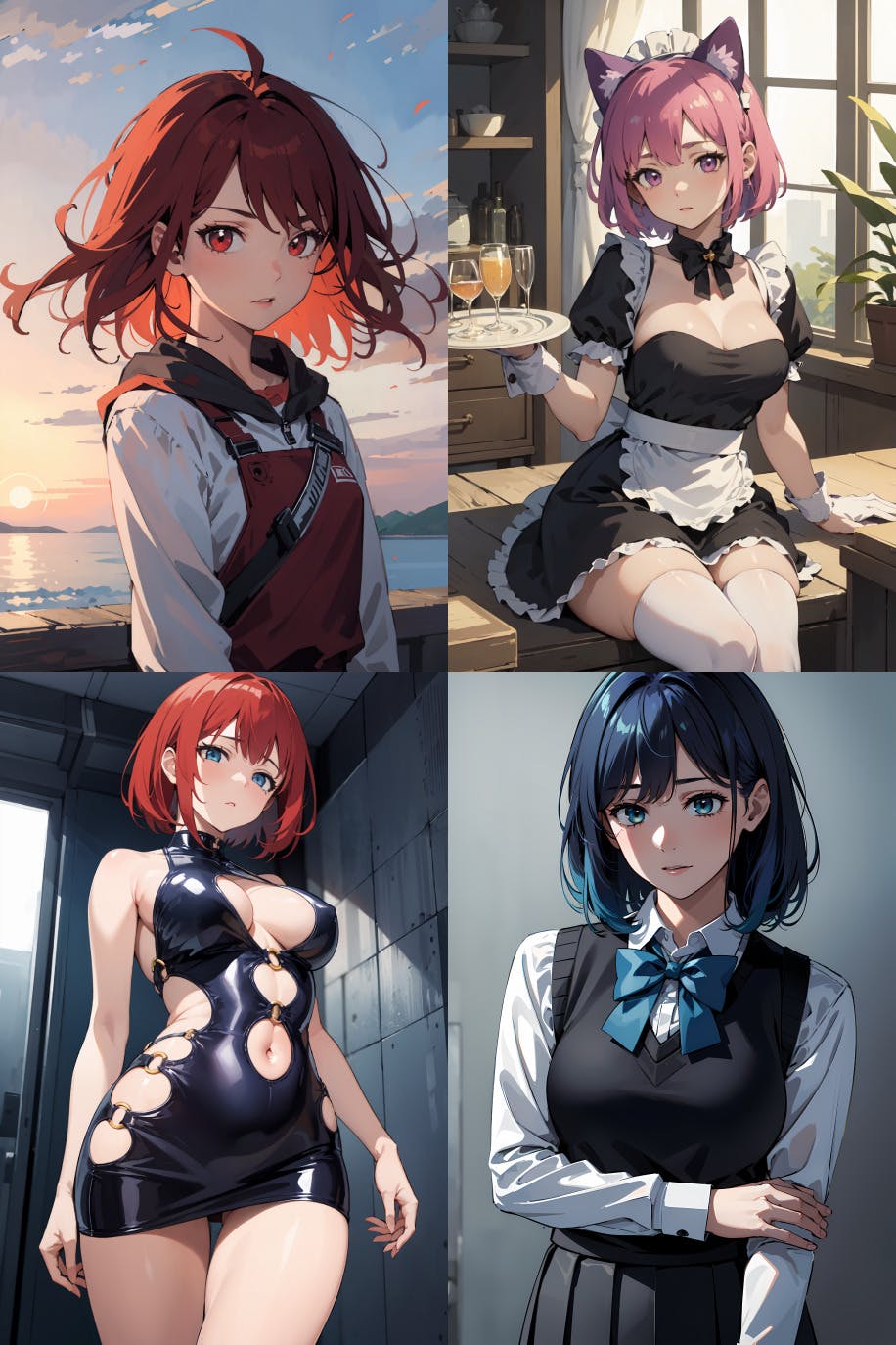 Four images of anime ai girls in different styles 