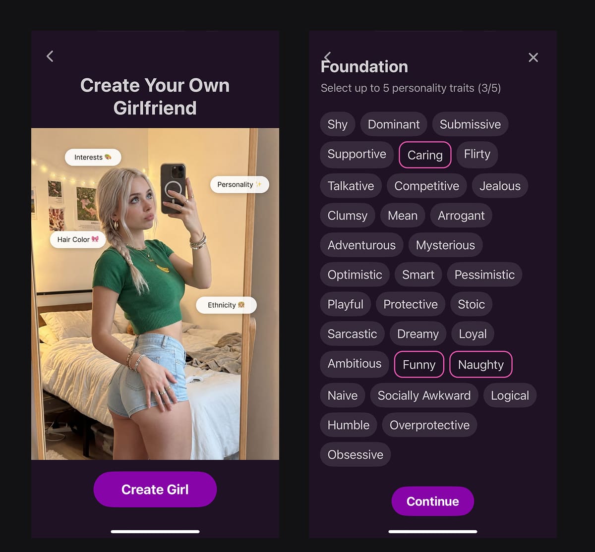 SpicyGF character creation screen — customize your AI sex chatbot